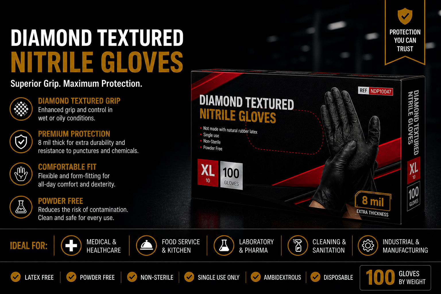 Diamond Textured Black Nitrile Gloves (8 Mil)