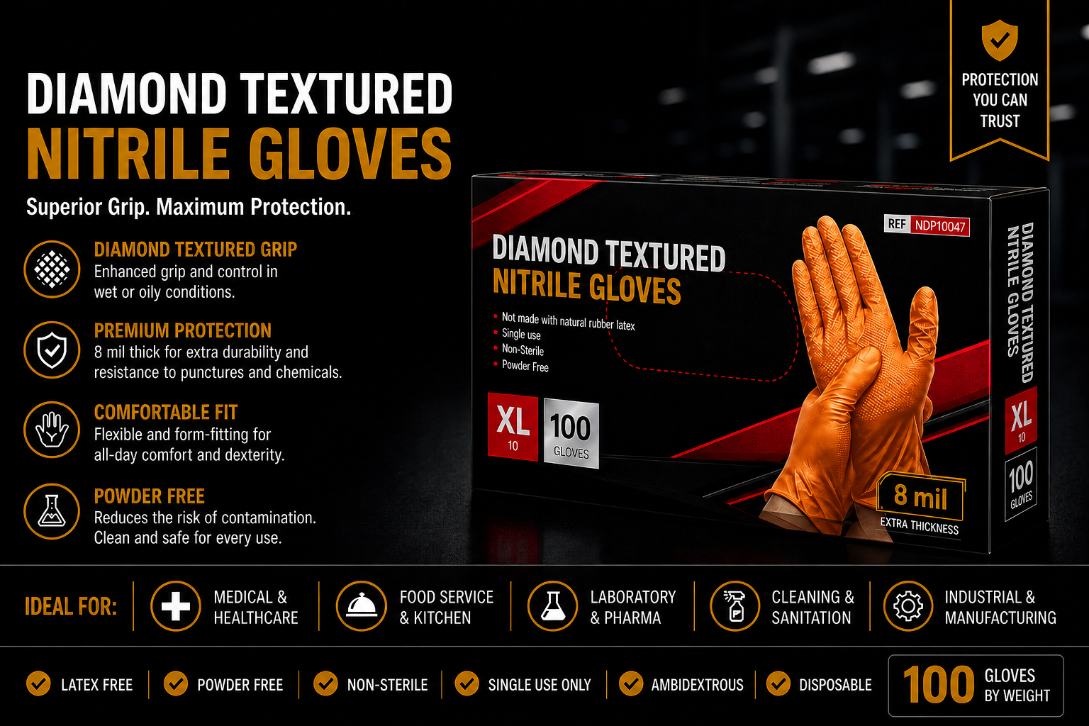 Diamond Textured Orange Nitrile Gloves (8 Mil)