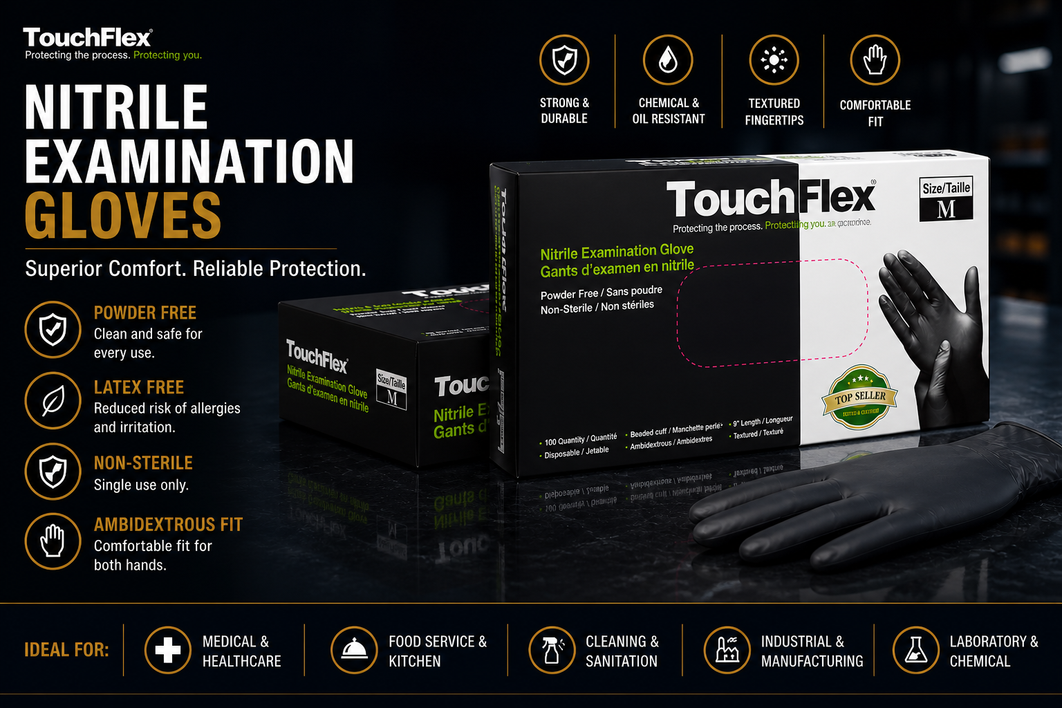 TouchFlex Black Nitrile Examination Gloves